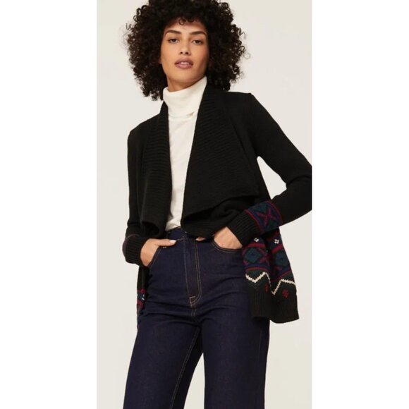 Lauren Ralph Lauren Fair Isle Open Front Cardigan Sweater Black Knit Size M - Picture 3 of 12